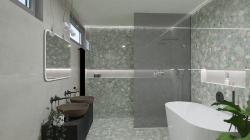 Koupelna ve stylu terrazzo se zeleným nádechem