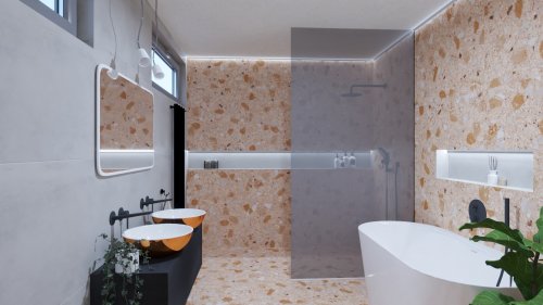 Návrh koupelny do rodinného domu ve stylu terrazoo v teplých odstínech