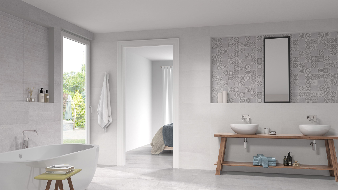 Portland - Obklad do koupelny v moderním stylu cementu a stěrky, matný povrch, dekory s 3D plastickým efektem, inspirace v luxusní sérii Newport
