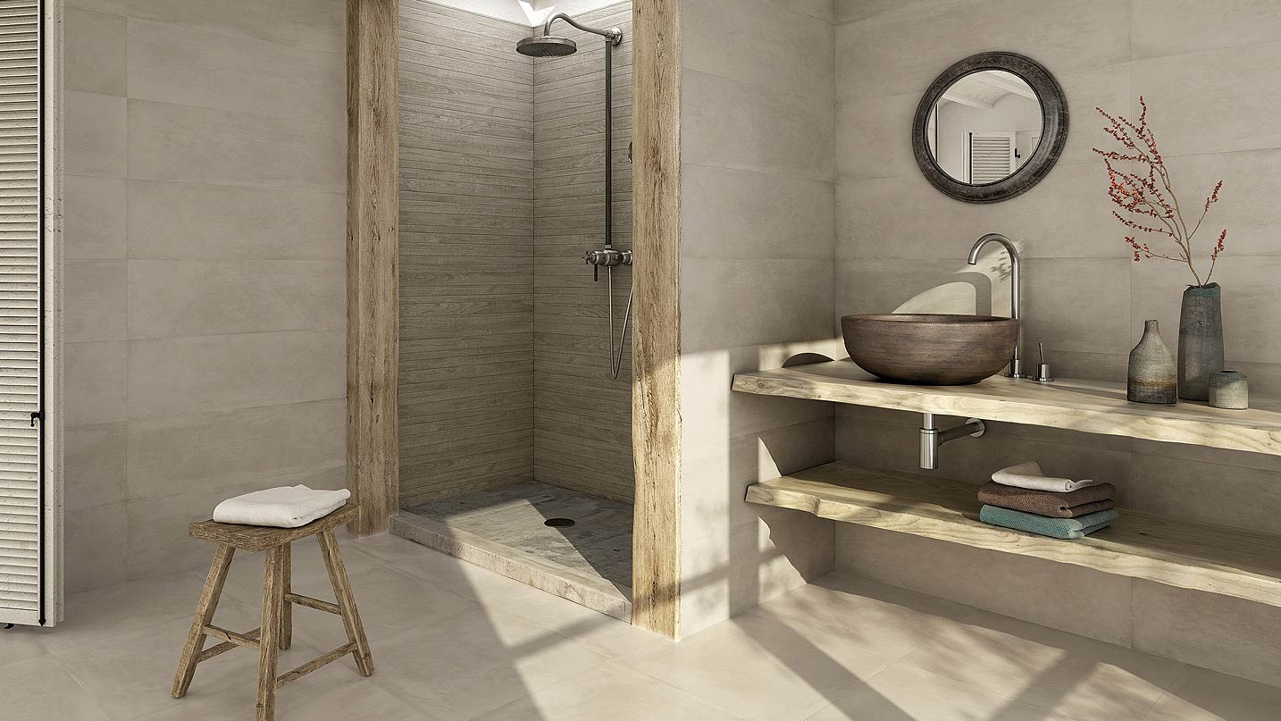 Wabi Sabi 60 - Obklad do koupelny matný, v dezénu cementu a cementové stěrky a v kombinaci dekory v dezénu dřeva s reliéfním povrchem