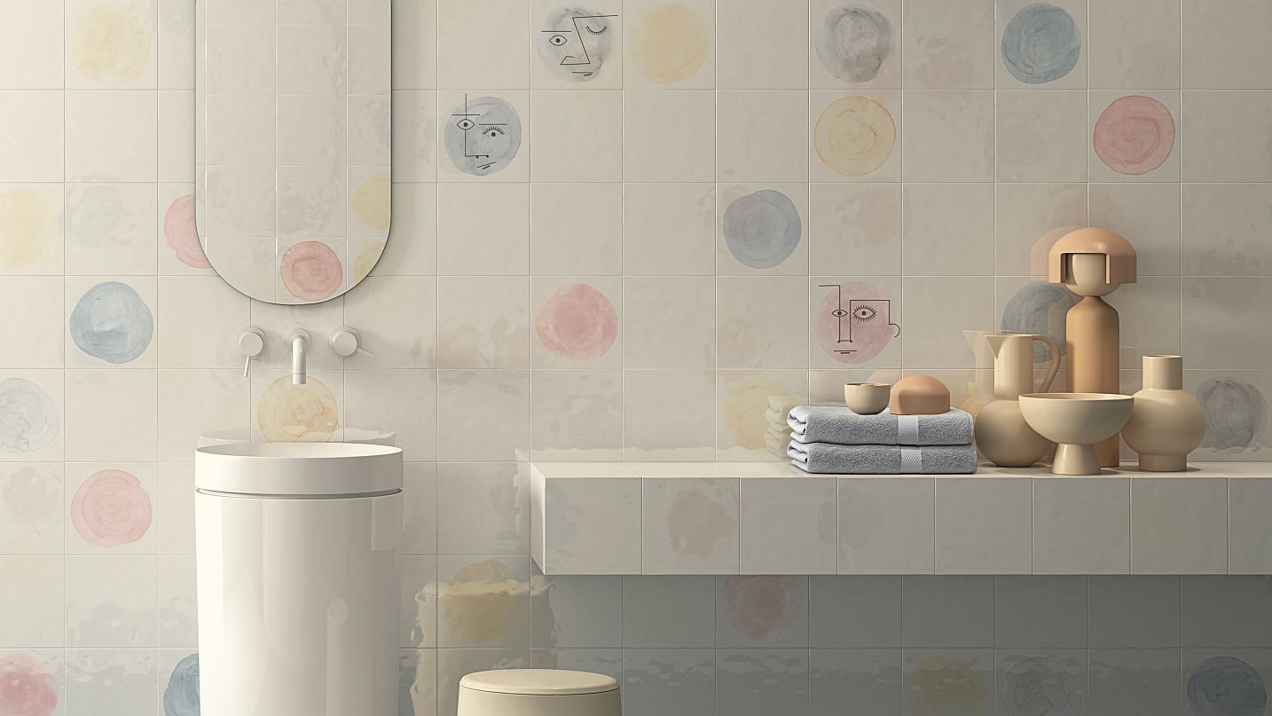 Paola - Obklad v rozměru 20x20 cm v šesti základních pastelových barvách v kombinaci s nápaditými a hravými dekory obsahujícími prvky výtvarného umění je nádherným řešením pro vaši koupelnu i kuchyni