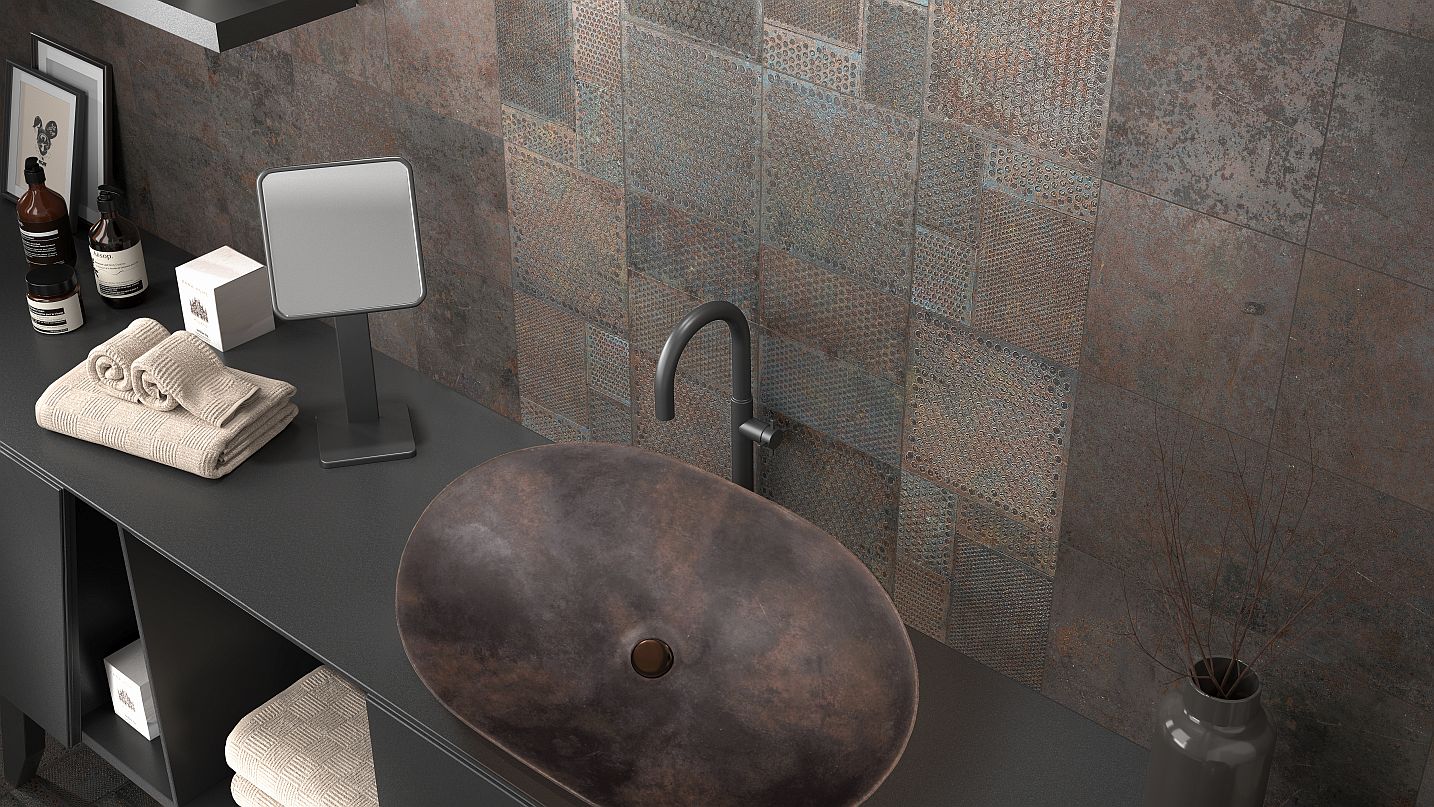 Diurne - Luxusní koupelnové obklady a dlažby a dlažby pro interiéry, designová pecka s mnoha specifiky: metalické dekory, dlažby 120x60 cm, umyvadlo do kombinace, mozaika a strukturované a metalické dekory