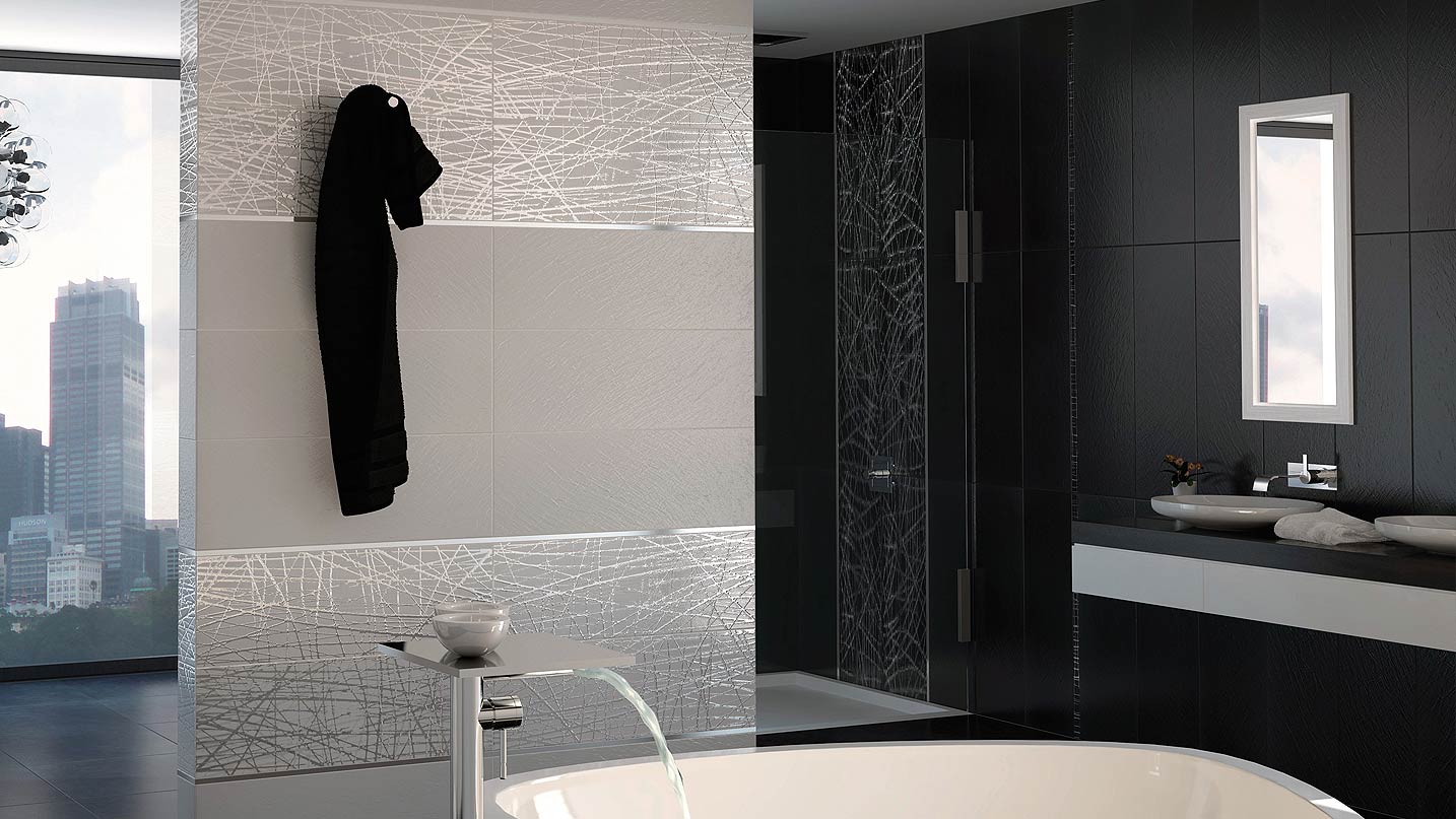 Castilla - Obklad do koupelny matný, černobílý, v kombinaci s jedinečnými dekory se stříbrnými kovovými  šrafy