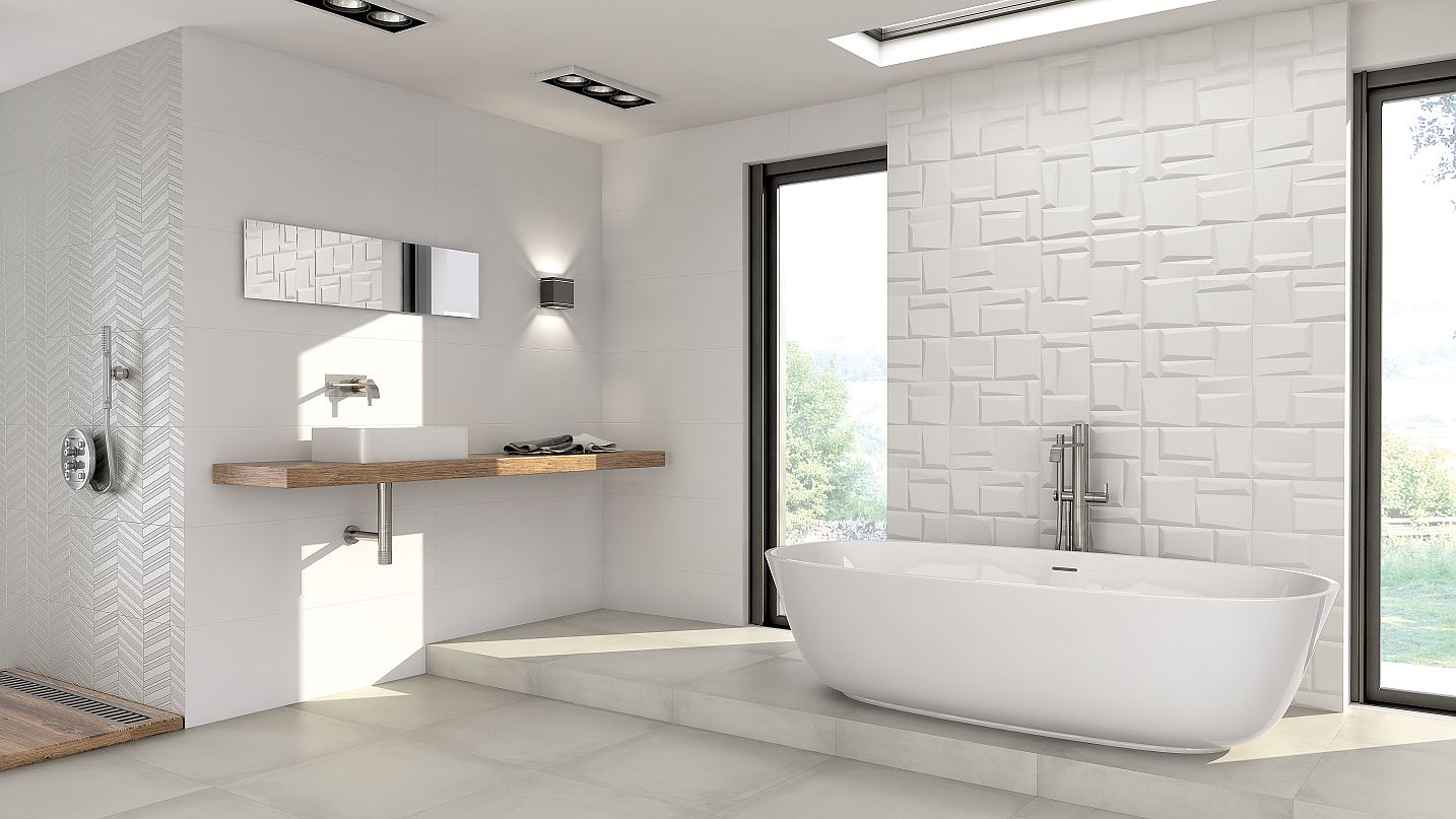 White & Co - Velkoformátový obklad do koupelny, matný, výrazně reliéfní se základem v bílé barvě a do kombinace s metalickými odstíny