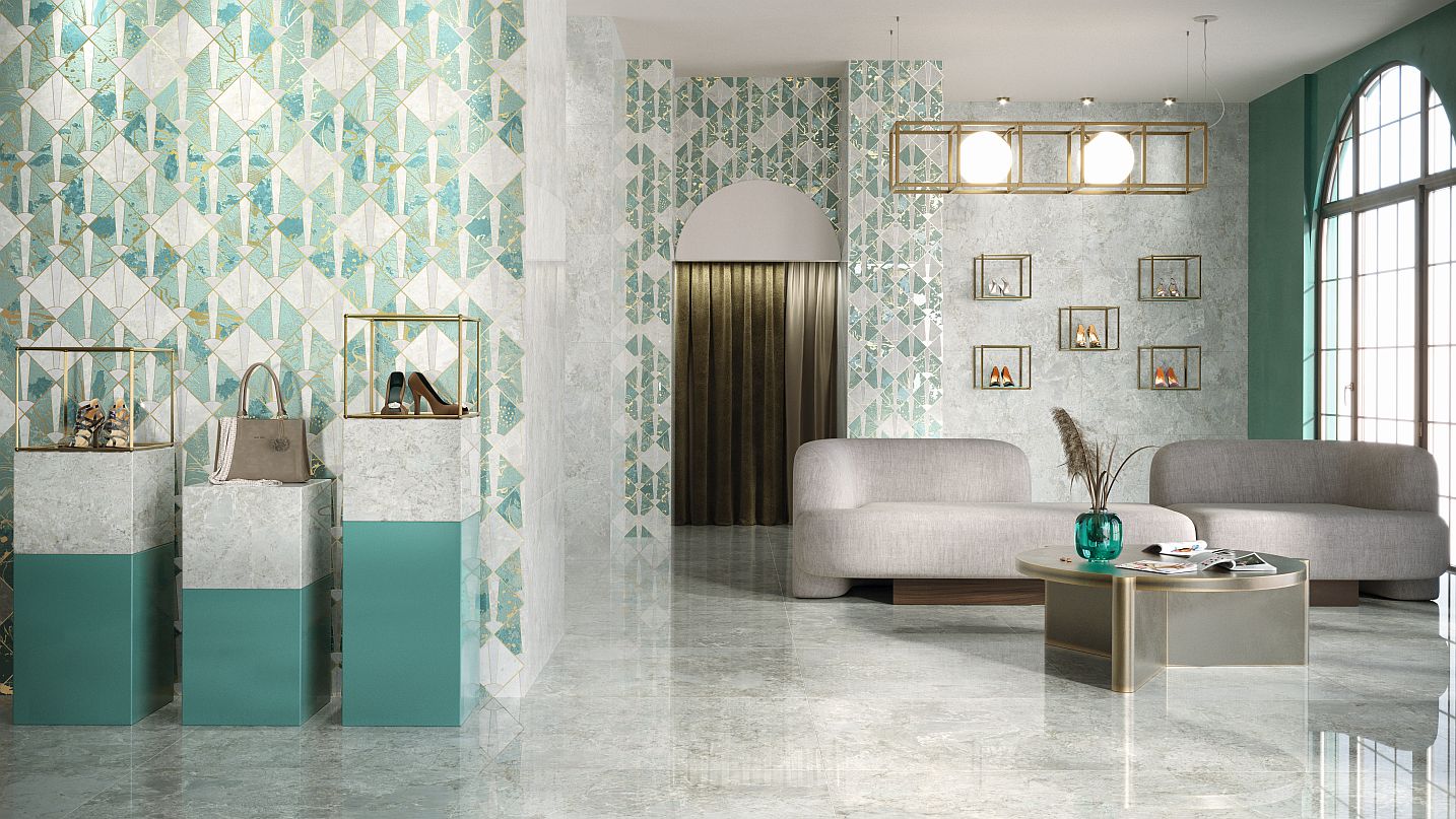 Amazonite - Luxusní dlažba a obklad imitace mramoru, která vychází z trendové kombinace zelené a bílé a nabízí jedinečné dekorace, ať už jako mozaiku nebo jako dekor ve velkoformátu