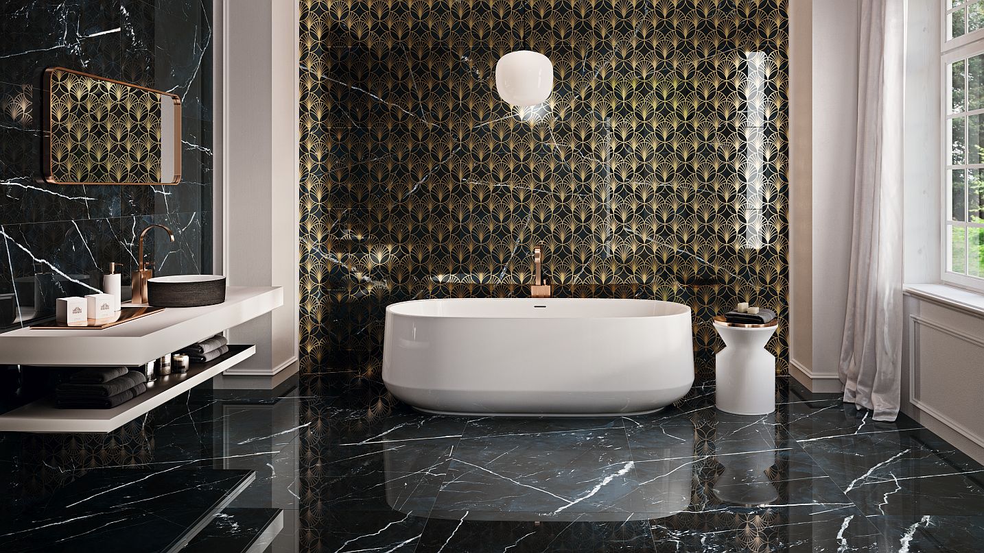 Calacatta Du - Luxusní dlažba a obklad imitace mramoru, která vychází z trendové kombinace černé a bílé a nabízí jedinečné dekorace, ať už jako mozaiku se zlatými prvky nebo jako dekorace ve velkoformátu