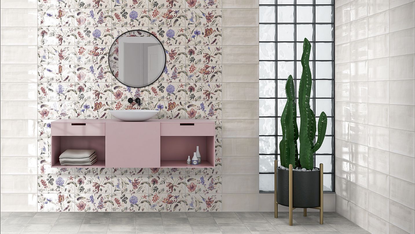 Aquarel - Obklad do koupelny lesklý s výraznou patinou do kombinace s krásně propracovanými floristickými motivy ve dvou provedeních