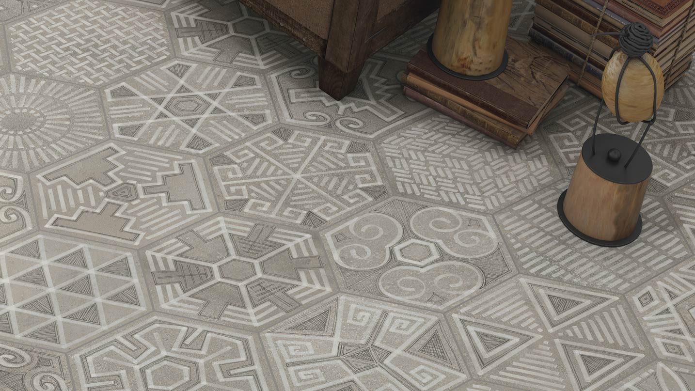 Rift - Retro dlažba hexagon v imitaci betonu, stěrky a cementu do kombinace s exkluzivními moderními dekory ve stylu secese a geometrických tvarů